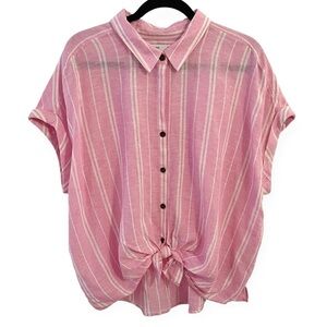 Sonoma Linen blend Striped Button down Pink White Tie Front Shirt Womens 1X boho